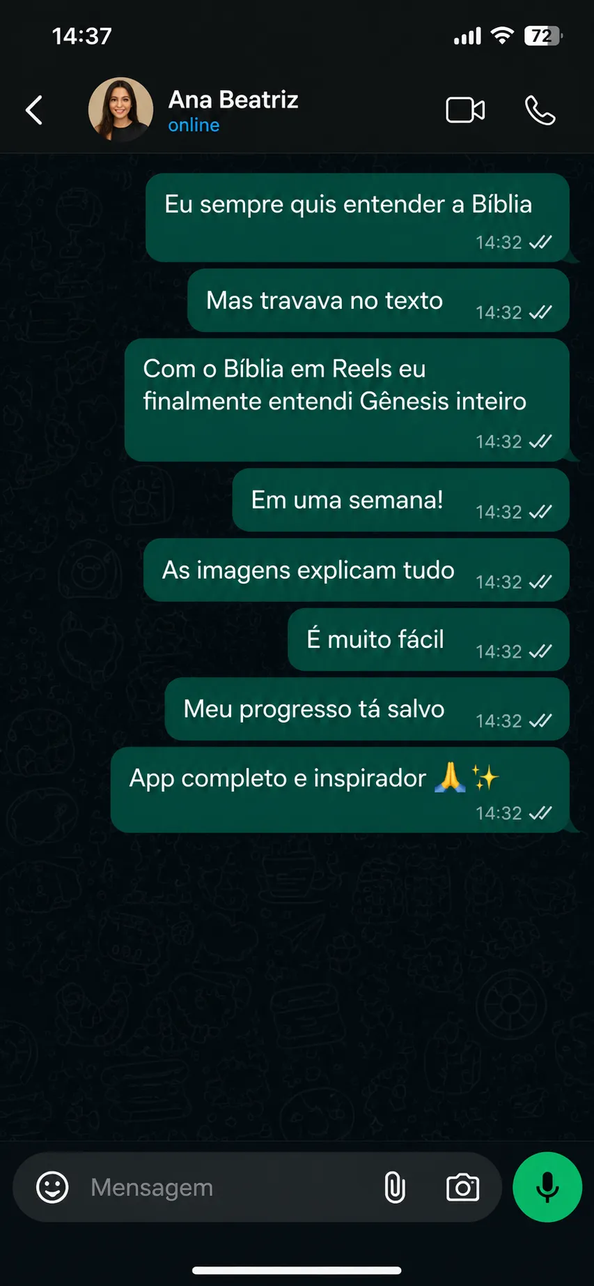 Depoimento de Ana Beatriz no WhatsApp