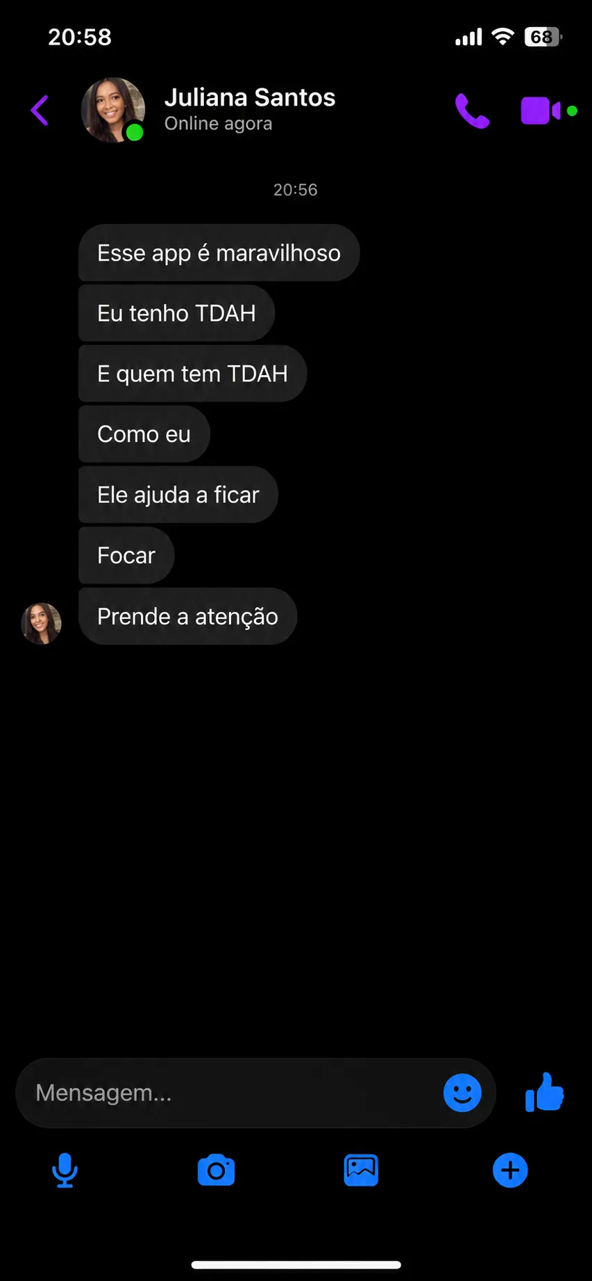 Depoimento de Juliana Santos no Messenger